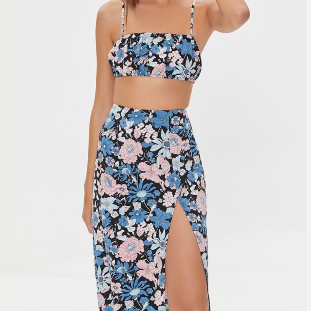 Forever 21 Floral Print Crop Top & Midi Skirt Set